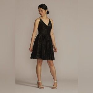 DB STUDIO Women's Spaghetti Strap Black Jacquard Halter Neck A-Line Dress size 8